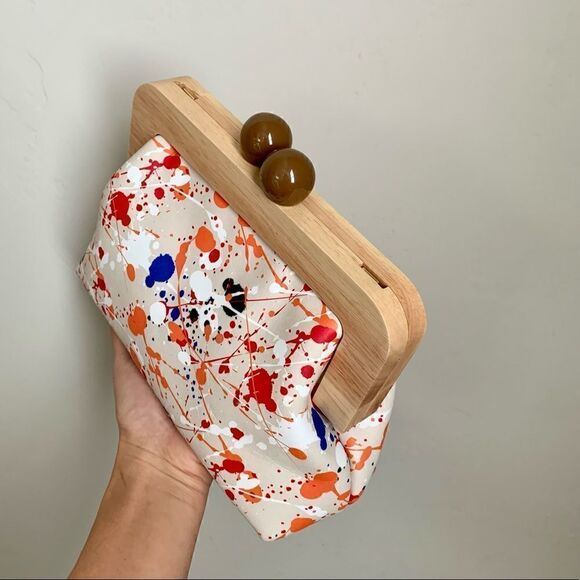 Handmade Genuine Leather Splatter Printed Wooden Frame Clutch with Small Purse - Picture 9 of 16